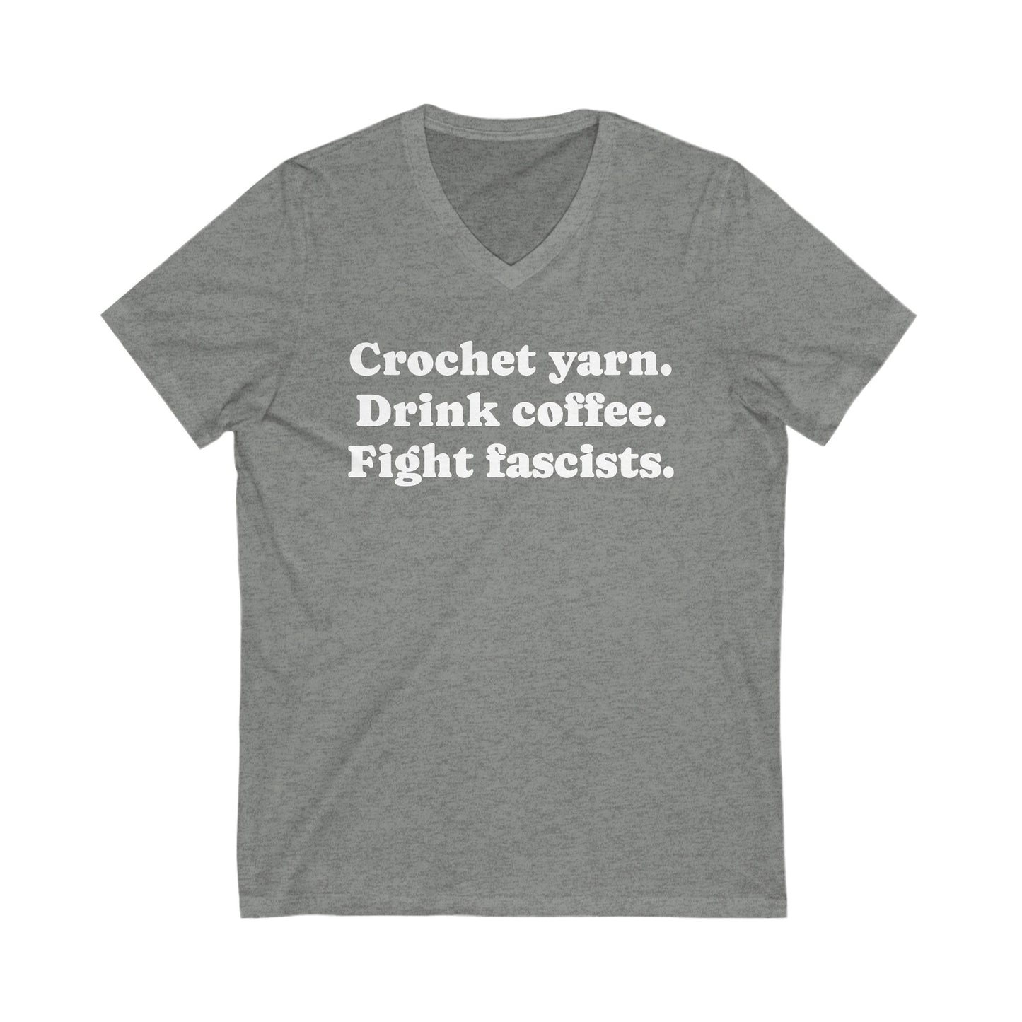 Crochet - Crafty Activist V-Neck Tee, Knit Humor Shirt, Coffee Lover Gift, Unisex Graphic Tee, Yarn Enthusiast Apparel, Social Justice T-Shirt